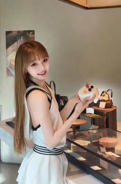 A smiling young woman with long auburn hair, wearing a white striped dress, holds a decorated pastry or cake pop in a modern café setting.

The image complements the post's Mid-Autumn holiday promotion by showing a cheerful person showcasing a treat, aligning with the festive giveaway of OKX swag items and the playful "triple tap" engagement prompt.