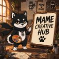 The image features a cartoon dog standing next to a whiteboard with black text that reads "MAME CREATIVE HUB" and includes an illustration of a painting. Below this, there are two drawings of cats, one of which has a paw print on it. The background is filled with various art supplies such as paintbrushes, pencils, and markers.