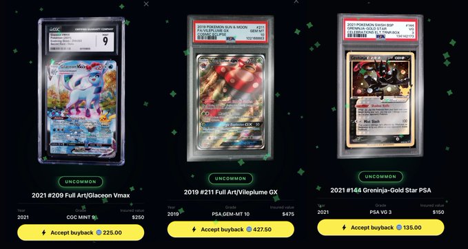 The image displays a digital card marketplace offering buyback prices for three Pokémon cards: a 2021 #209 Full Art/Glaceon Vmax (CGC Mint 9) at $225.00, a 2019 #211 Full Art/Vileplume GX (PSA GEM-MT 10) at $427.50, and a 2021 #144 Greninja-Gold Star PSA (PSA VG 3) at $135.00. The interface ties into the post by promoting the sale of recently pulled rare Pokémon cards from 30th Anniversary packs through a Solana wallet-based platform.