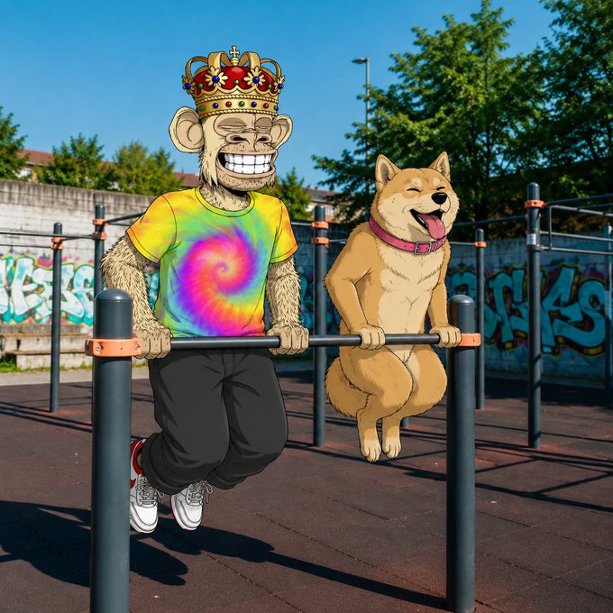 The image features a man wearing a tie-dye shirt, holding onto a bar with his arms while another dog is hanging from the same bar. The background of the image shows a wall covered in graffiti. The caption "gAPE Baron" suggests that this scene might be related to an art project or a social media post featuring the monkey and the dog performing a unique stunt together.