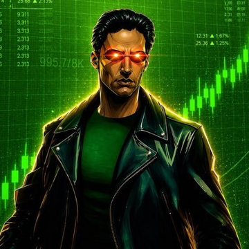A cartoon drawing of James Wynn, wearing a leather jacket and sunglasses with red eyes and orange light in his eye glasses. There is a graphic behind him that says "James Wynn has officially flipped from short to long!". This may be interpreted as an expression or statement about the fluctuating value of cryptocurrency or stock market, possibly referring to James' journey through these market fluctuations. The image could also depict the character's transition in his personal life or interests.