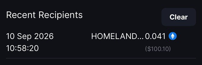 A dark-themed "Recent Recipients" panel displays a transaction record dated 10 Sep 2026 at 10:58:20, showing 0.041 HOMELAND tokens (worth $100.10) sent to an Ethereum address. This confirms the accompanying post announcing a $100 crypto gift was successfully delivered.