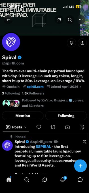 A Twitter/X profile for Spiral (@spir8l_com) advertising 'THE FIRST EVER PERPETUAL IMMUTABLE LAUNCHPAD' as a multi-chain perpetual launchpad with day-0 leverage, featuring 1.5K followers and a pinned tweet about $SPIRAL.