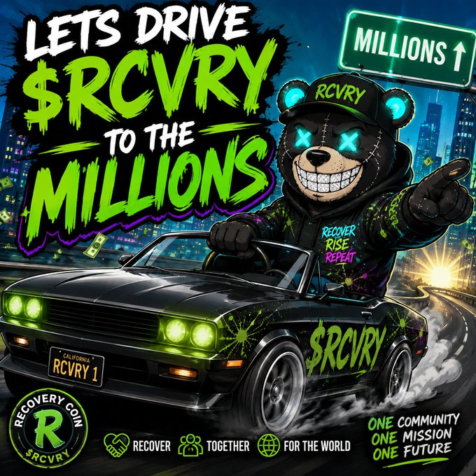 A promotional graphic featuring a green-eyed teddy bear wearing an 'RCVRY' cap next to a black car with 'RCVRY 1' license plate, with text reading 'LETS DRIVE $RCVRY TO THE MILLIONS' and 'ONE COMMUNITY ONE MISSION ONE FUTURE'.