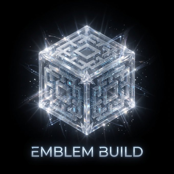 A glowing, futuristic 3D emblem featuring an intricate, tech-inspired cube design with the text 'EMBLEM BUILD' displayed below in a metallic font.