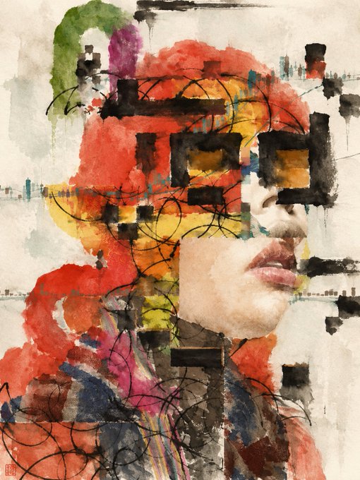 A vibrant mixed-media artwork featuring a partial face with prominent lips, surrounded by abstract watercolor splashes of red, orange, and other colors, overlaid with black geometric shapes and scribbled lines.