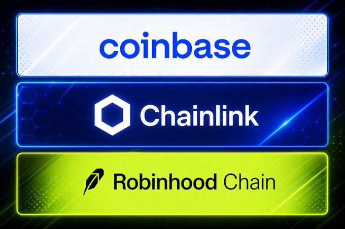 The image displays logos for Coinbase, Chainlink, and Robinhood Chain, visually representing the integration mentioned in the post where Coinbase adds cbBTC to Robinhood Crypto via Chainlink's CCIP, with $7.5B in circulation. The three branded banners illustrate the key partnerships enabling this cross-chain transaction.