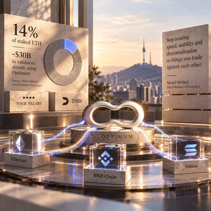 A promotional graphic for Optimum/DSRV showing statistics about staked ETH with mentions of Four Pillars, BNB Chain, Ethereum, and Solana against a Seoul cityscape backdrop.