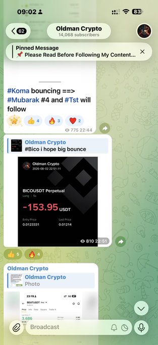 A screenshot of a Telegram channel "Oldman Crypto" showing a pinned post predicting #Koma bouncing into #Mubarak and #Tst, with a BICO/USDT Perpetual price card displaying -153.95 USDT and a BICO chart showing a 23.19% gain. The image visually supports the post's claim of calling $Bico's +50% move early by showing the "Big bounce" call and the subsequent price chart surge from 3.086.