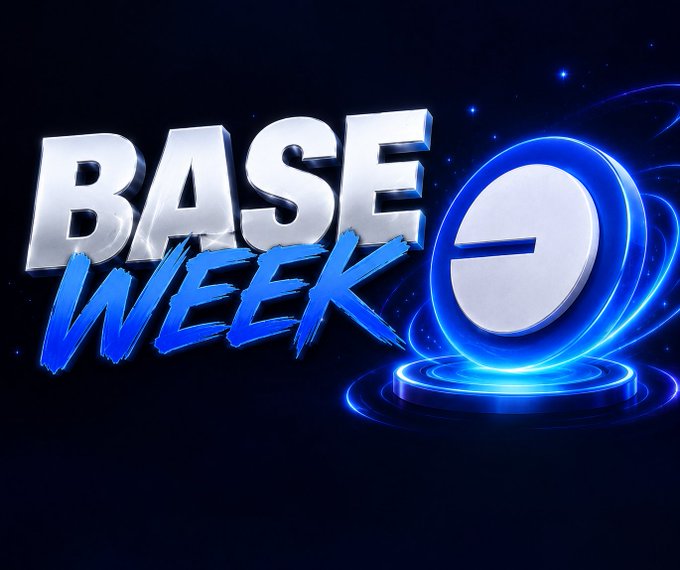 A glowing 3D logo reads "BASE WEEK" in silver and blue metallic lettering against a dark starry background.