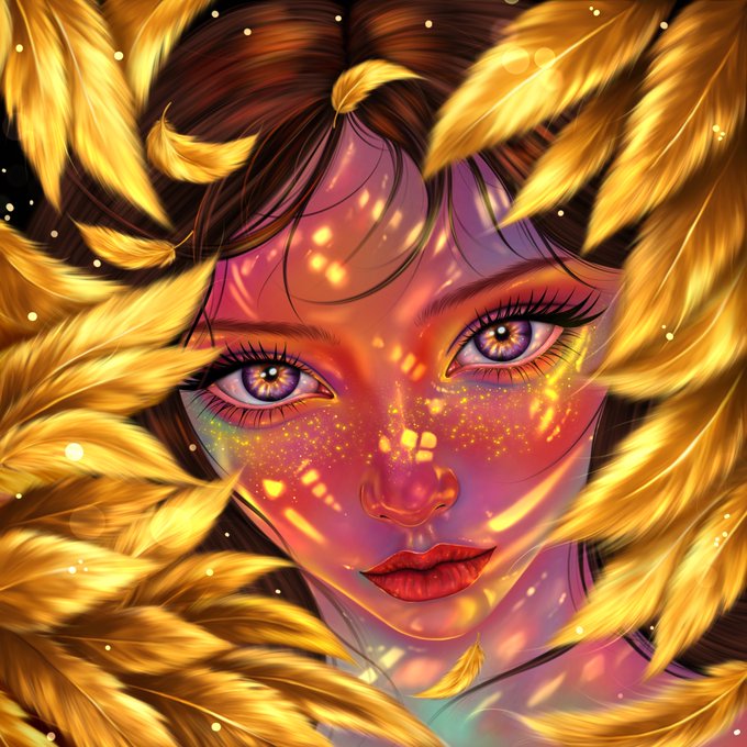 A vibrant portrait illustration of a woman with glowing golden hair, purple eyes, and sparkling light across her face.