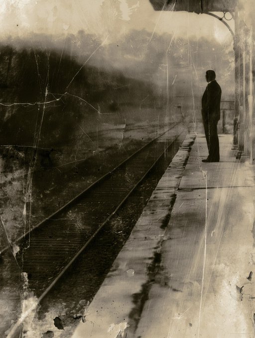 A solitary man stands at the edge of a weathered train platform, silhouetted against a sepia-toned, time-worn landscape as he gazes down the tracks in quiet anticipation. The image's vintage, cracked appearance and his patient posture evoke the timeless sentiment of the caption—capturing the unspoken, enduring beauty of waiting for love.