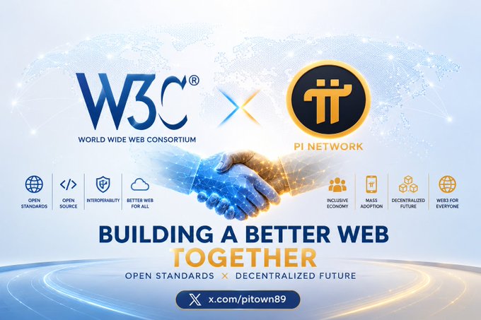 A promotional graphic showing the W3C (World Wide Web Consortium) and Pi Network logos with a handshake imagery, captioned 'Building a Better Web Together - Open Standards × Decentralized Future' with website x.com/pitown89.