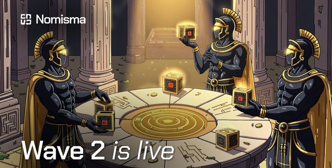A promotional graphic for 'Nomisma' featuring three armored Spartan-like figures holding golden cubes around a circular table in a temple, with the text 'Wave 2 is live' at the bottom.