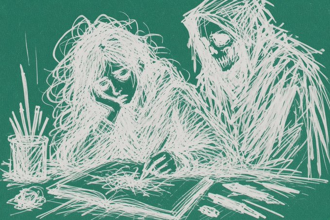 A white line-drawn sketch on a dark green background depicting a figure with messy hair and a skeletal grim reaper-like figure drawing at a desk.