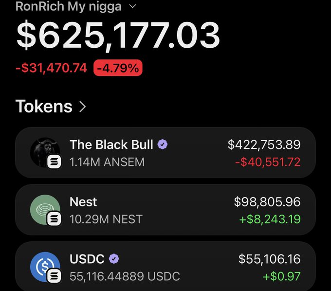 The image shows a crypto wallet portfolio labeled "RonRich My nigga" displaying a total balance of $625,177.03, which is down -$31,470.74 (-4.79%), with holdings in The Black Bull ($422,753.89), Nest ($98,805.96), and USDC ($55,106.16). The screenshot serves as a flex of the user's substantial crypto holdings to entice engagement with the post promising future giveaways via DM.