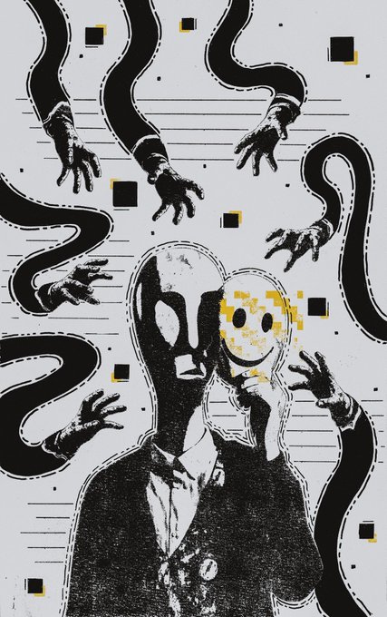 A figure in a suit holds a pixelated smiley mask up to his face, surrounded by long, shadowy arms with grasping hands reaching in from all sides, evoking a sense of being consumed by performance and facade. The artwork, titled "THE PERFORMANCE," minted in June 2026 (blok #25352410), visually captures the unsettling duality of curated identity and external pressures.
