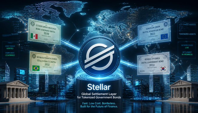 Promotional graphic for Stellar blockchain featuring a world map and digital government bonds from Mexico, Brazil, European Union, and Korea, highlighting 'Global Settlement Layer for Tokenized Government Bonds'.