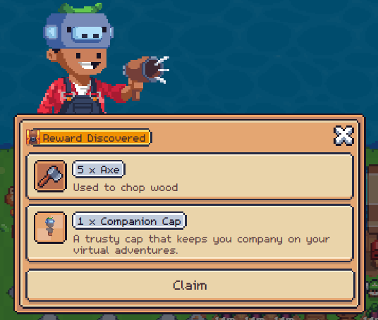 A pixel art game screenshot showing a character with a 'Reward Discovered' pop-up offering 5 Axes and 1 Companion Cap, with a 'Claim' button.
