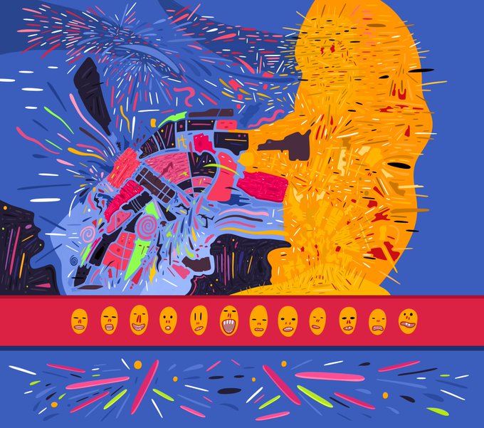 A vibrant abstract digital artwork features a blue and yellow stylized profile shape exploding with multicolored lines and particles, with a red banner of yellow emoji faces across the bottom.