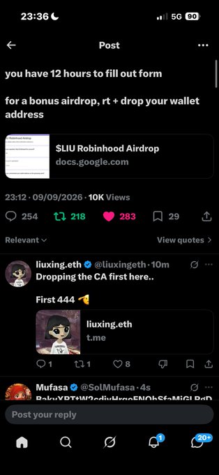 A screenshot of an X post promoting a '$LIU Robinhood Airdrop' via a Google Docs link, with a reply from 'liuxing.eth' sharing a t.me link.