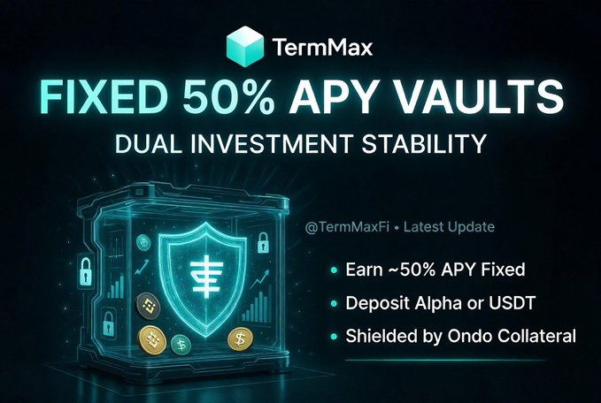 The image features a dark background with an abstract graphic design depicting a vault filled with coins, symbolizing the concept of investing. The title "TermMax" is displayed above the vault, suggesting this could be related to the cryptocurrency world or blockchain technology. In the middle of the design, there's text that says " Fixed 50% APY Vaults". This implies that users can invest in this cryptocurrency vault, potentially earning a higher interest rate than traditional investment methods. The image also includes three bullet points explaining what these vaults offer and how they differ from other platforms: 
1. Dual Investment Stability: Offers a stable and predictable income stream using Binance Alpha tokens or USDT.
2. Earn more with your investments!: Can earn 10% APY on your investment by depositing Binance Alpha tokens or USDT into this vault.
3. Protect yourself from market fluctuations! Shielded by ONDO COLLATERAL.