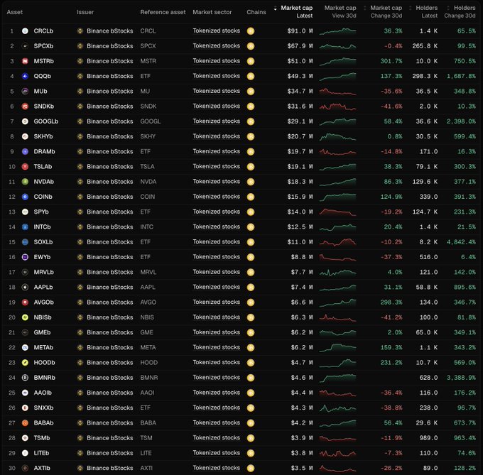 A cryptocurrency data table listing tokenized stocks issued by Binance bStocks, including tickers like CRCLb, SPCXb, MSTRb, QQQb, and MU with market caps, 30-day changes, and holder counts.