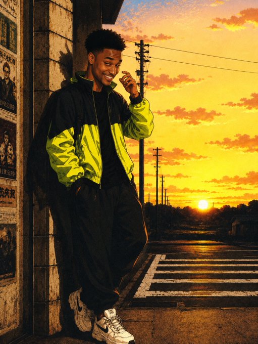 A young man wearing a neon yellow and black windbreaker leans against a brick building while talking on a cell phone, set against a vibrant sunrise sky with utility poles lining the street. The anime-style illustration complements the caption's reference to the $ANSEM memecoin, with its nostalgic 90s aesthetic and glowing sunset evoking the meme's signature blend of warm nostalgia and early 2000s vibes.