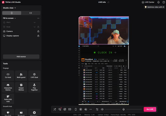 TikTok LIVE Studio interface showing a person in a green cap streaming with a StandBrok task manager window and a green 'CLOCK IN' indicator visible on screen.