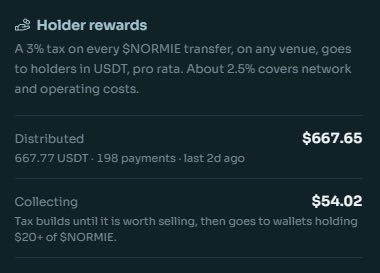 A 'Holder rewards' dashboard showing a 3% tax on every $NORMIE transfer distributed to holders in USDT, with $667.65 distributed (198 payments), $54.02 collecting, and a tax build until sold.