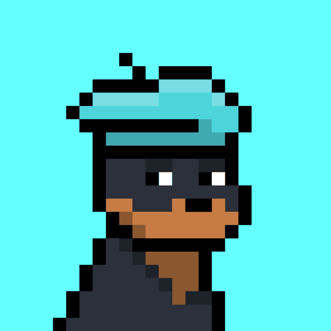A pixel art character portrait of a figure with dark skin, glowing eyes, and a teal headpiece against a bright cyan background.