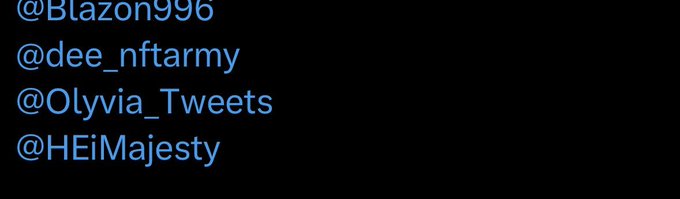 The image displays a list of Twitter/X handles in blue text on a black background, including @Blazon996, @dee_nftarmy, @Olyvia_Tweets, and @HEiMajesty, likely tagging community members or supporters in celebration of the poster's milestone with the $EPIK token.
