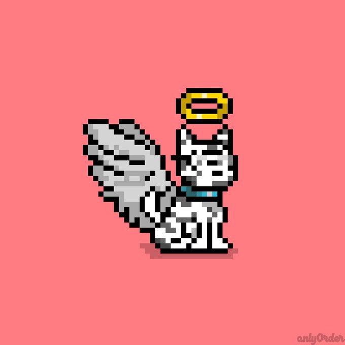 A pixel-art white dog with a fluffy tail sits on a coral background, wearing a gold halo above its head and a teal collar, with the text "anlyOrder" in the bottom right corner—reinforcing the post's message about living a spiritually grounded, minimalist life like a cherished "DOGINAL dog."