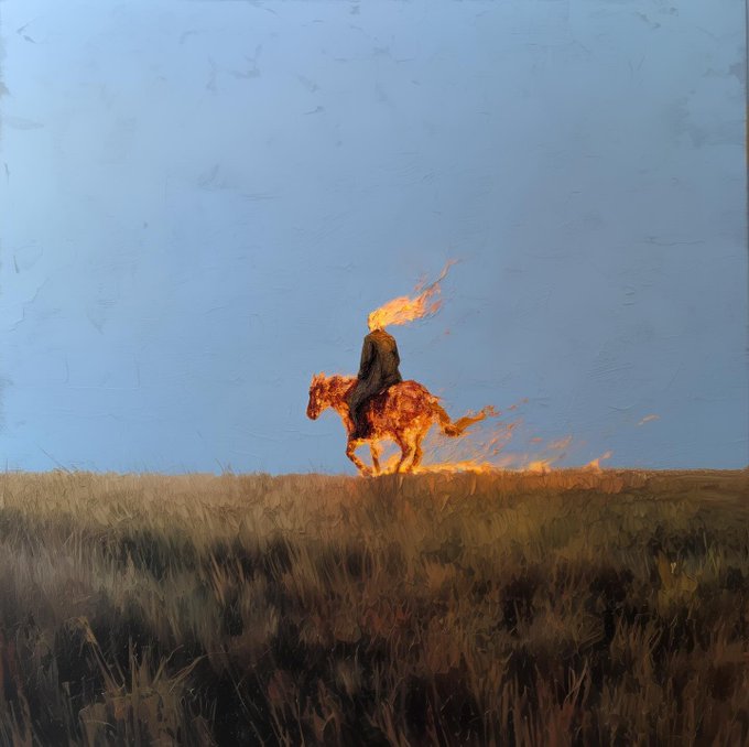 A surreal painting depicting a hooded figure riding a fiery, horse-like creature made of flames across a grassy hill beneath a pale blue sky.
