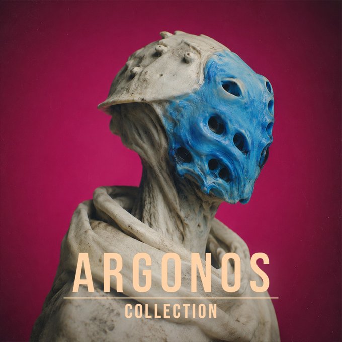 A sculptural artwork of a head and shoulders figure in textured gray clay features a blue, porous mask on its face, set against a magenta background with the text 'ARGONOS COLLECTION'.