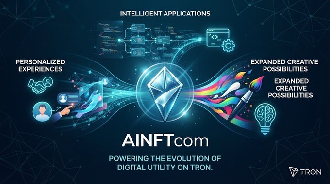 A promotional graphic for AINFT.com with the Tron logo, highlighting 'INTELLIGENT APPLICATIONS,' 'PERSONALIZED EXPERIENCES,' and 'EXPANDED CREATIVE POSSIBILITIES,' with the tagline 'POWERING THE EVOLUTION OF DIGITAL UTILITY ON TRON.'