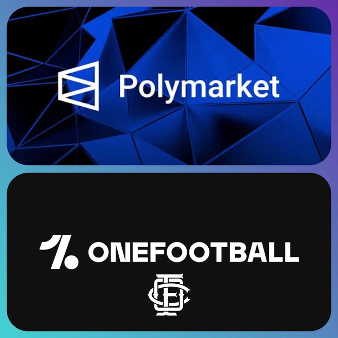 The image shows two logos side by side with a black background. On the left, there's a logo for Polymarket that reads "Polymarket" in white letters against a blue background. The right side of the image features a logo for OneFootball, which is written in white text on a black background. Both logos are positioned at the bottom center of the image.