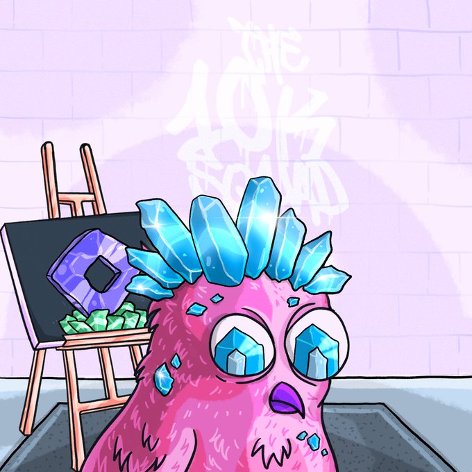 A pink fuzzy creature with blue crystal spikes and gem-shaped eyes looks upward in a gallery setting, with a painting of a blue gem on an easel behind it and "THE 10K SQUAD" graffiti on the wall. The crystal motifs and futuristic aesthetic match the "Monad through and through" theme, suggesting the creature is from The 10k Squad NFT #1183.