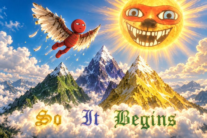 A surreal digital illustration depicting a red masked figure with wings flying near a giant smiling sun above snow-capped mountains, with the text 'So It Begins' in colorful gothic lettering.