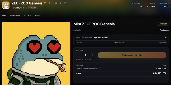 A "ZECFROG Genesis" NFT minting page on the Zora marketplace, showing a frog with heart-eyes NFT against a yellow background, with the mint scheduled for 04-10-24. The post highlights the irony of the mint being labeled "FREE" but requiring 0.00675 ZEC (~$10) in gas + protocol + platform fees, contradicting the "FREE" claim displayed prominently on the page.