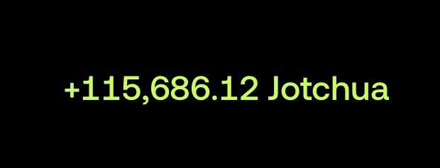 The image features a large green "+115,686.12 Jotchua" text against a black background, highlighting a significant positive gain. It serves as a visual celebration of impressive profits on the $Jotchua token, reinforcing the post's bullish sentiment about accumulating more during dips and projecting it as the top performer of the cycle alongside $CATE and $Jimothy.
