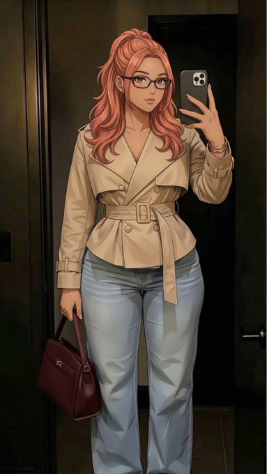 Illustration of a red-haired woman with glasses taking a mirror selfie while holding a smartphone and a maroon handbag, wearing a belted beige trench coat and light blue jeans.