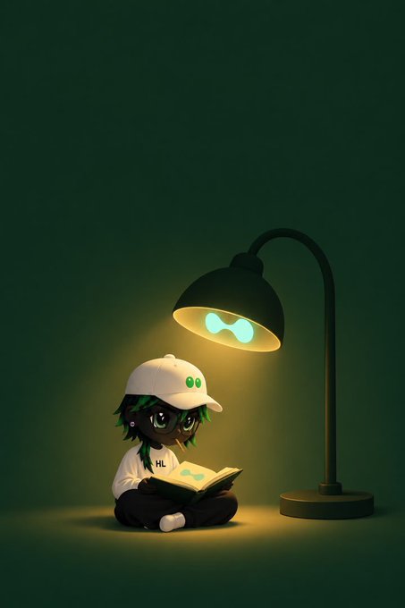 A 3D-rendered illustration of a stylized character with green hair wearing a white cap and reading a book, illuminated by the warm glow of a black desk lamp against a dark green background.