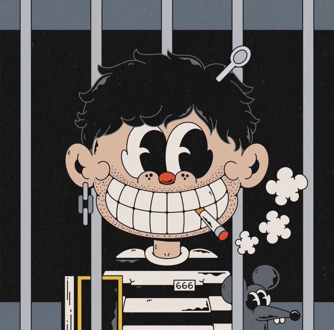 A cartoon illustration of a grinning man with messy black hair behind prison bars, wearing a striped shirt marked '666' and smoking a cigarette, with a small rat peeking out below.