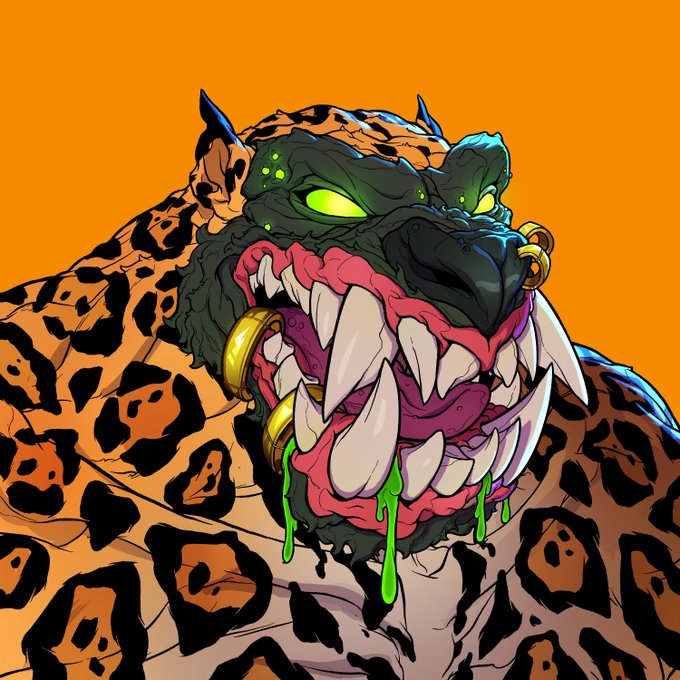 A digital artwork of a menacing jaguar or leopard-like creature with leopard print, glowing green eyes, bared fangs, and dripping green saliva against an orange background.