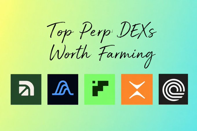 A graphic with a yellow-to-blue gradient background reading 'Top Perp DEXs Worth Farming' displaying five cryptocurrency exchange logos including DYDX, Aevo, and others.