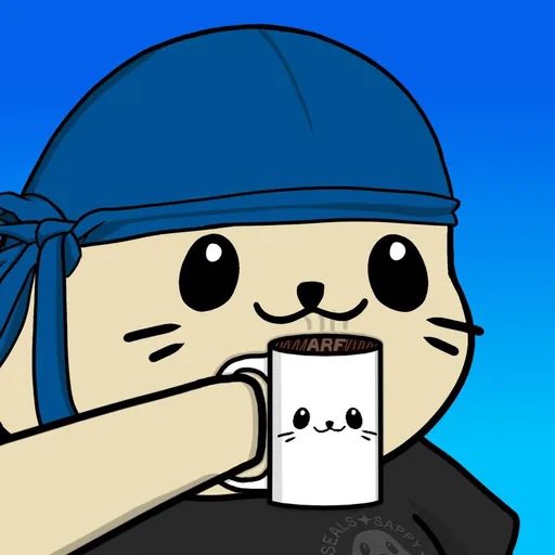 A cartoon illustration shows a chubby cat-like character wearing a blue bandana drinking from a white mug with the text 'MAMARFRI'