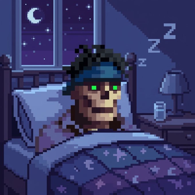 A pixel art illustration of a person with green eyes wearing a sleep mask, lying in bed at night with a crescent moon visible through the window and 'Z' sleep symbols floating above.