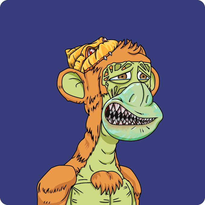 A cartoon illustration of a green-skinned, orange-furred monkey-like creature with sharp teeth wearing a yellow knitted hat against a dark blue background.