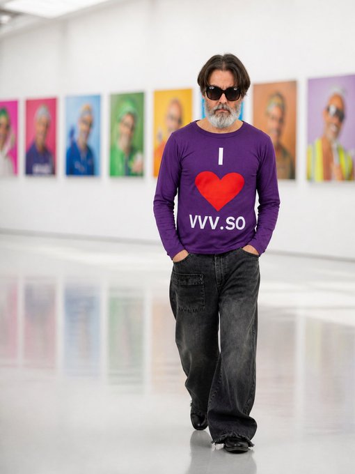 A bearded man wearing sunglasses walks through a gallery wearing a purple long-sleeve shirt reading "I ♥ VVV.SO," promoting the launch of the VVV collection dropping tomorrow at 3pm CET with a free mint and supply of 1968.